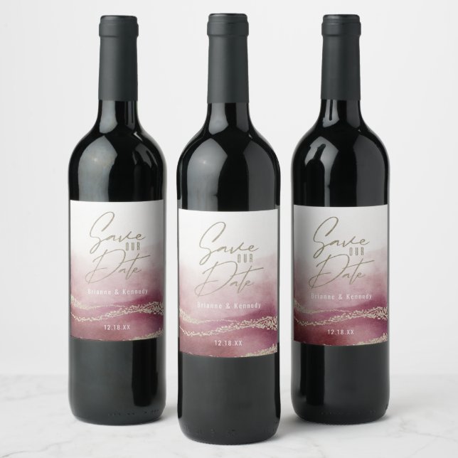 Elegant Vattenfärgsbläddring i Burgundy & Guld Spa Vinflaska Etikett (Flaskor)