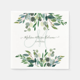 Elegant Vattenfärgsblått gum eukalyptus Monogram Pappersservett