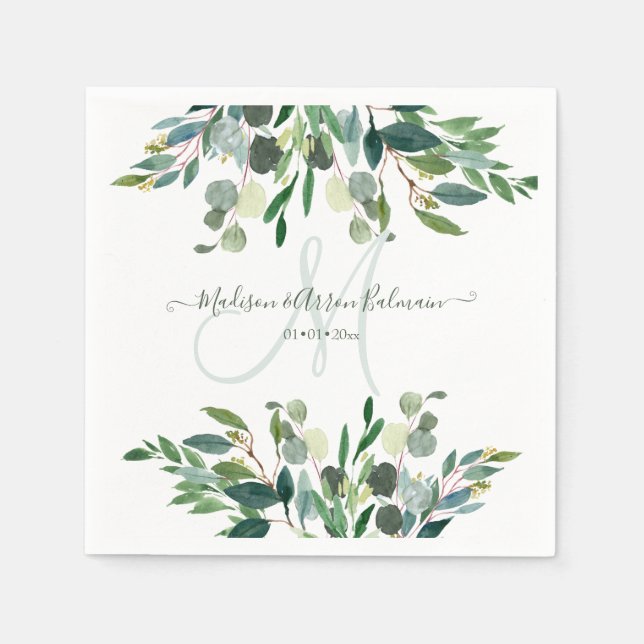 Elegant Vattenfärgsblått gum eukalyptus Monogram Pappersservett (Framsidan)