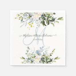 Elegant Vattenfärgsblått gum eukalyptus Monogram Pappersservett