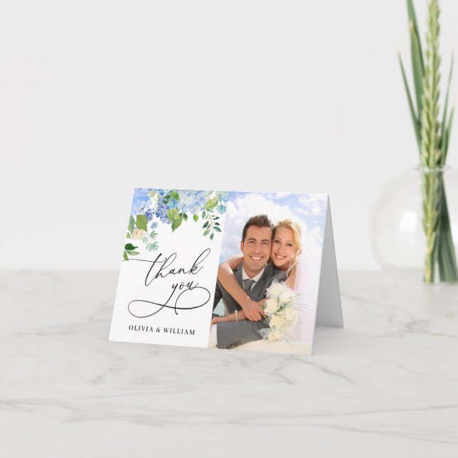 Elegant Vattenfärgsblått Hydrangea-Blommigt Foto Tack Kort (Framsida)