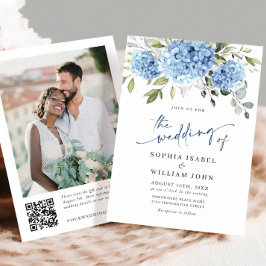 Elegant Vattenfärgsblått Hydrangea Foto QR Bröllop Inbjudningar