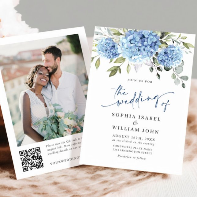 Elegant Vattenfärgsblått Hydrangea Foto QR Bröllop Inbjudningar (Skapare uppladdad)