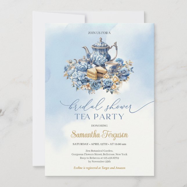 Elegant vattenfärgsblått och guld te party inbjudningar (Framsida)