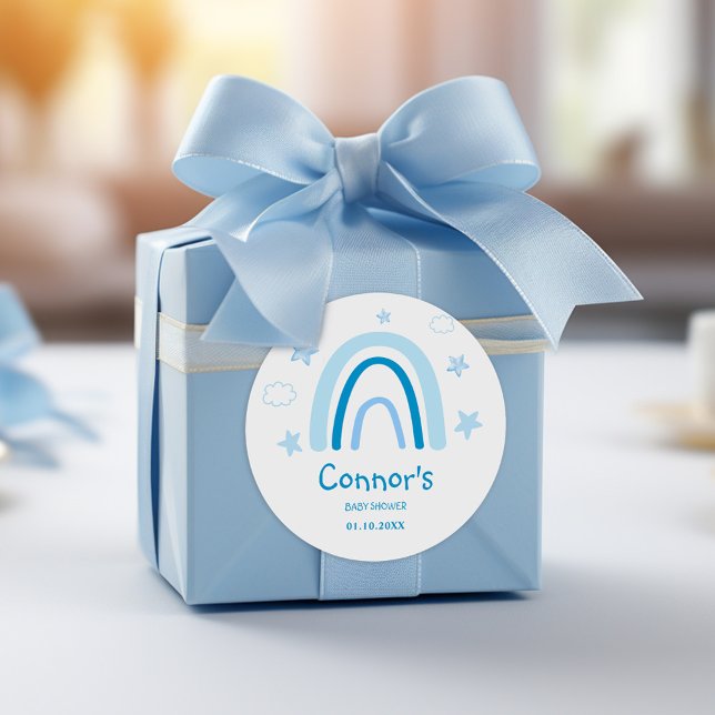 Elegant Vattenfärgsblått regnbåge, babykläder Runt Klistermärke (Elegant Watercolor Blue Rainbow Baby Shower Classic Round Sticker)