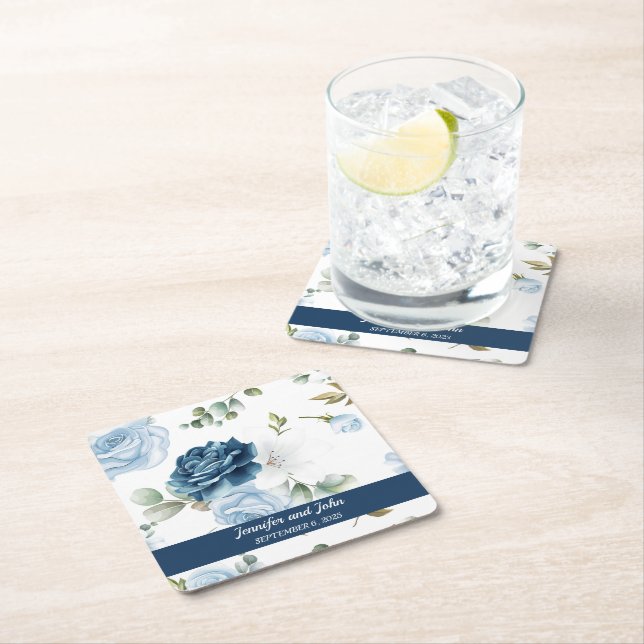 Elegant Vattenfärgsblått Ro Blommigt Bröllop Underlägg Papper Kvadrat (Insitu)