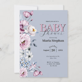 Elegant Vattenfärgsblått rosa Blommigt Babykläder Inbjudningar