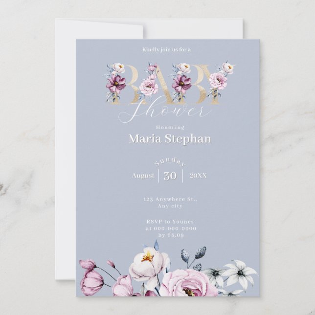 Elegant Vattenfärgsblått rosa Blommigt Babykläder Inbjudningar (Framsida)