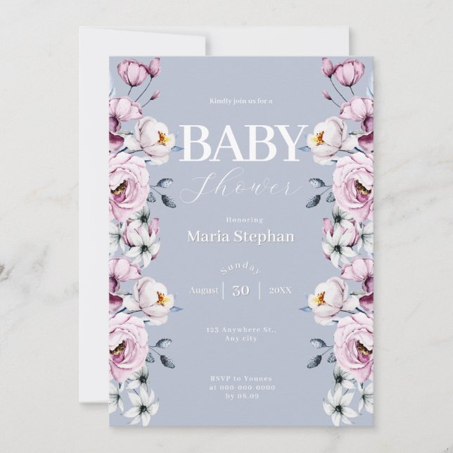 Elegant Vattenfärgsblått rosa Blommigt Babykläder Inbjudningar (Framsida)