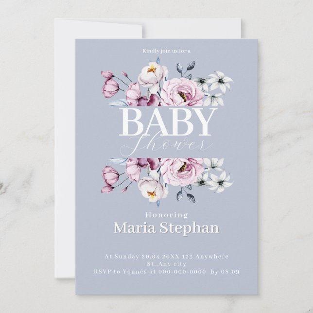 Elegant Vattenfärgsblått rosa Blommigt Babykläder Inbjudningar (Framsida)