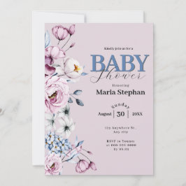 Elegant Vattenfärgsblått rosa Blommigt Babykläder Inbjudningar