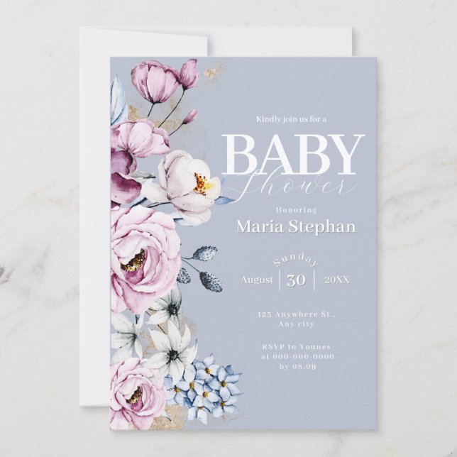 Elegant Vattenfärgsblått rosa Blommigt Babykläder Inbjudningar (Framsida)