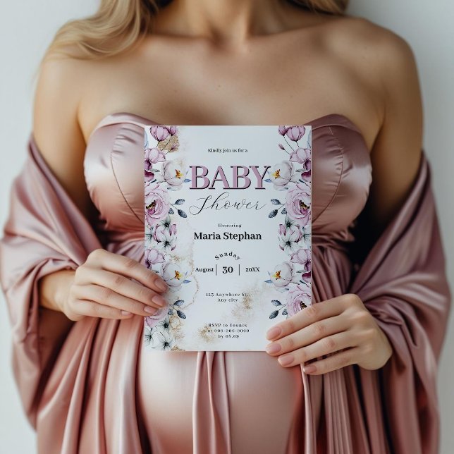 Elegant Vattenfärgsblått rosa Blommigt Babykläder Inbjudningar (Skapare uppladdad)