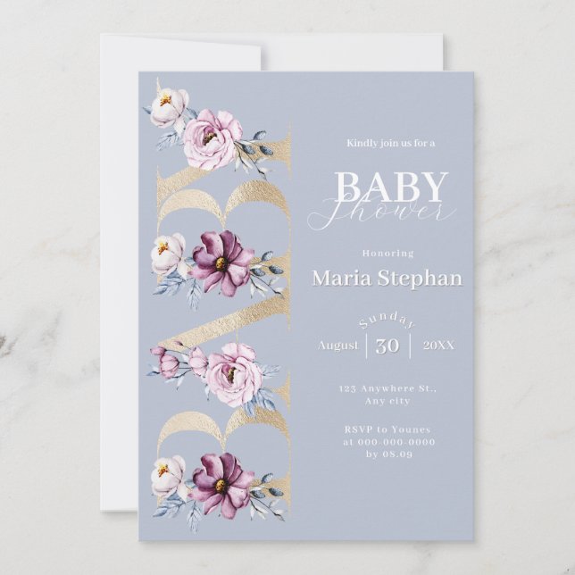 Elegant Vattenfärgsblått rosa Blommigt Babykläder Inbjudningar (Framsida)