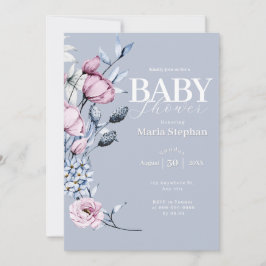 Elegant Vattenfärgsblått rosa Blommigt Babykläder Inbjudningar