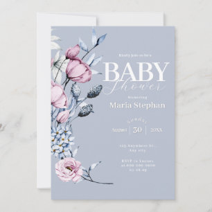 Elegant Vattenfärgsblått rosa Blommigt Babykläder Inbjudningar