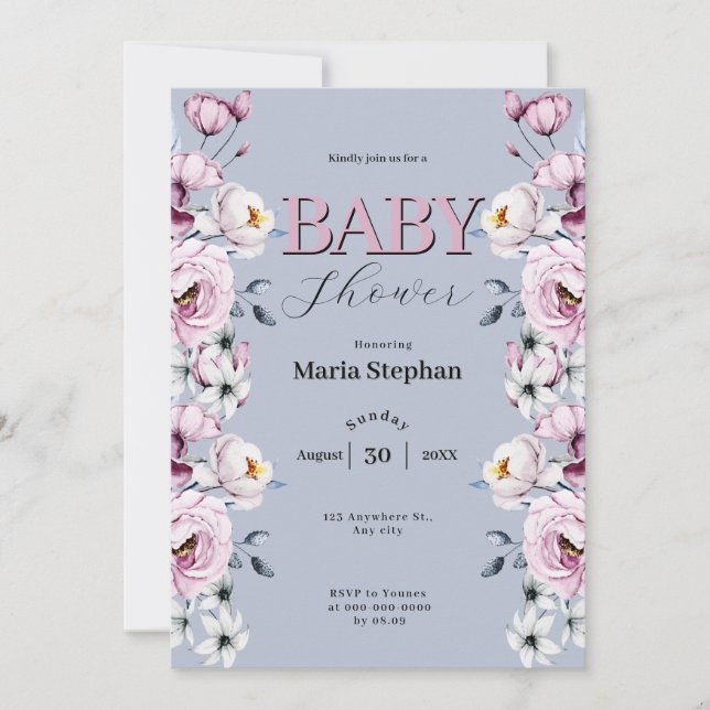 Elegant Vattenfärgsblått rosa Blommigt Babykläder Inbjudningar (Framsida)