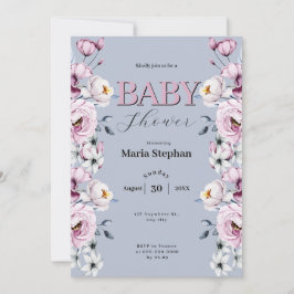 Elegant Vattenfärgsblått rosa Blommigt Babykläder Inbjudningar