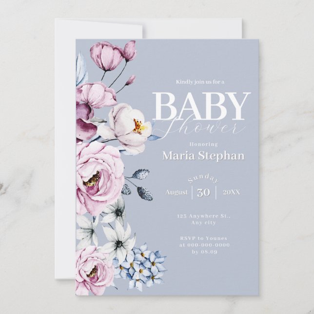 Elegant Vattenfärgsblått rosa Blommigt Babykläder Inbjudningar (Framsida)