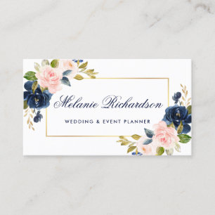 Elegant Vattenfärgsblått Rosa Blommigt blått G Visitkort