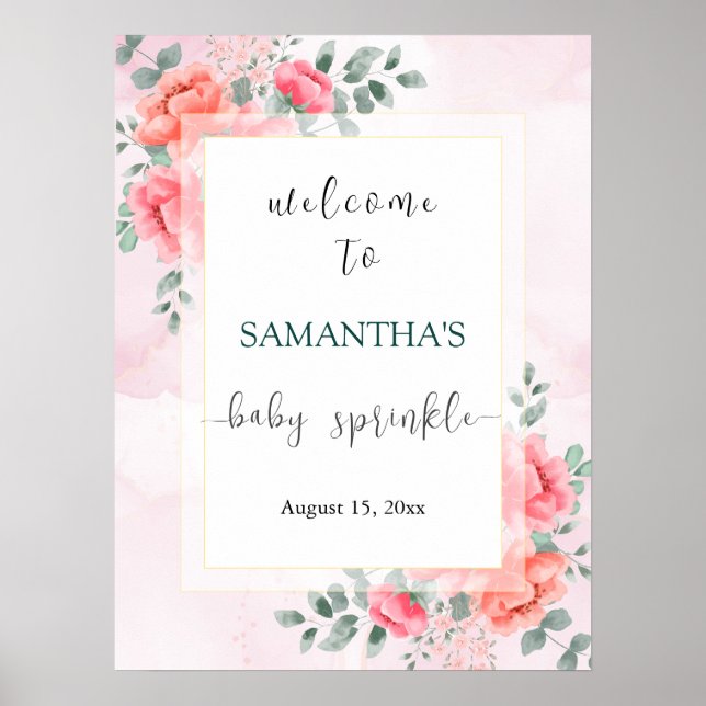 Elegant vattenfärgsblomma eucalyptus babydusch poster (Framsidan)