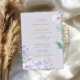 Elegant vattenfärgsblomma från lila vår, guld inbjudningar