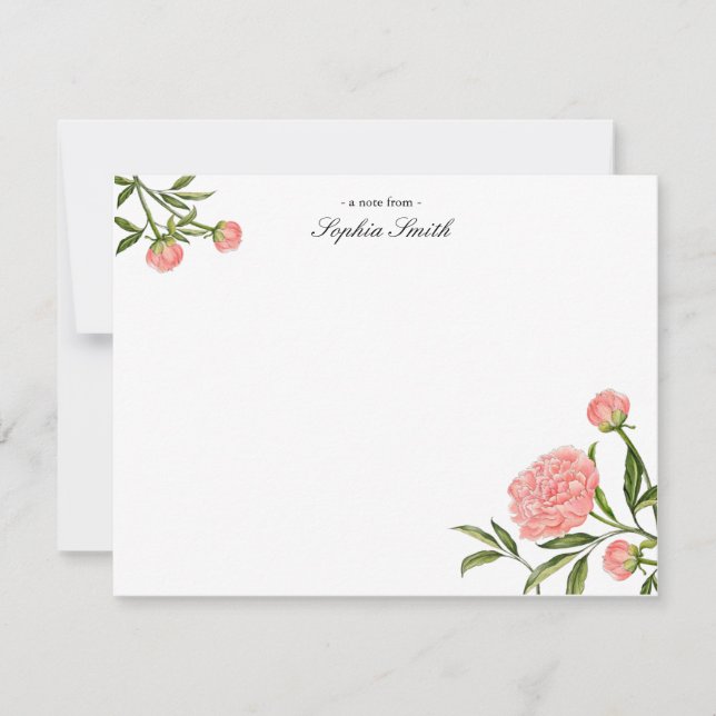 Elegant Vattenfärgsblomma med Rosa Peony-blomma Tack Kort (Framsida)