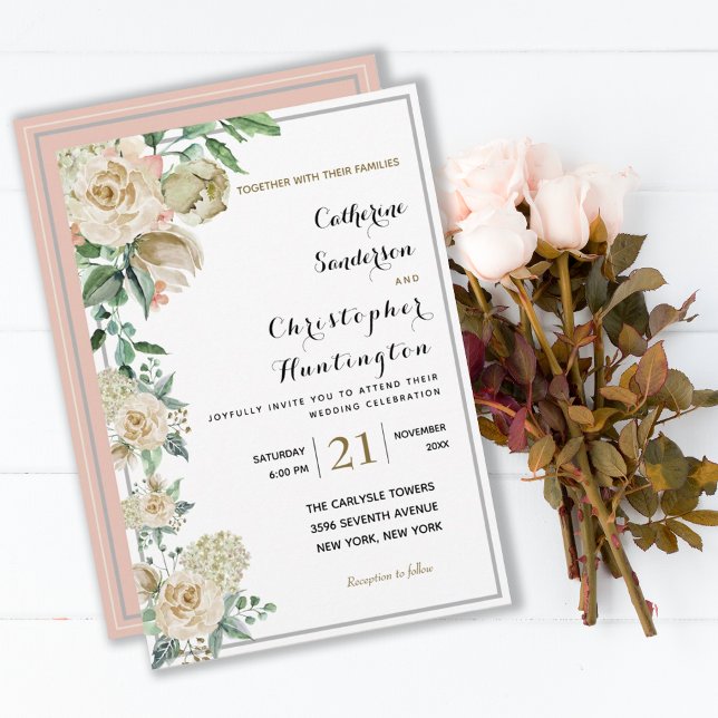 Elegant VattenfärgsBlommigt Botaniskt Bröllop Inbjudningar (ELEGANT WATERCOLOR CREME FLORAL ROSES WEDDING INVITATION
)