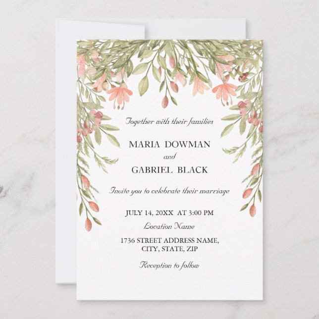 Elegant vattenfärgsBlommigt chic Greenery Bröllop Inbjudningar (Framsida)