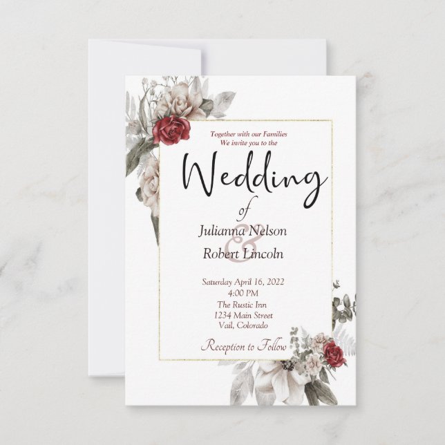 Elegant vattenfärgsblommigt i rött och dimma bröll inbjudningar (Framsida)