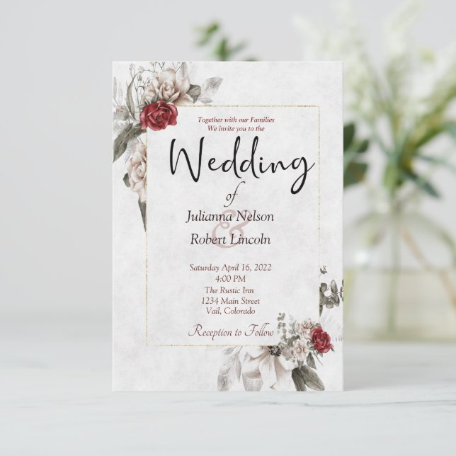 Elegant vattenfärgsblommigt i rött och dimma bröll inbjudningar (Stående Fram)