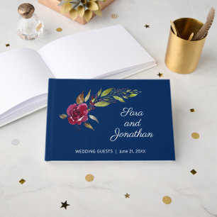 Elegant VattenfärgsBlommigt Mörk blått Bröllop Gästböcker