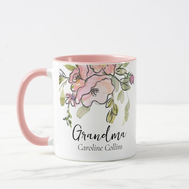 Elegant VattenfärgsBlommigt Pastel Rosa Grandma Mugg (Vänster)