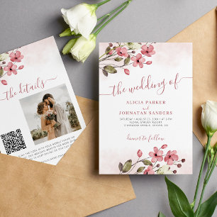 Elegant vattenfärgsblommigt rosa QR-kod bröllop Inbjudningar