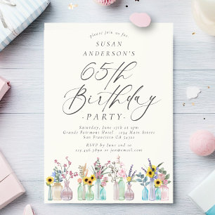 Elegant VattenfärgsBlommigtar 65e Födelsedagsfest Inbjudningar