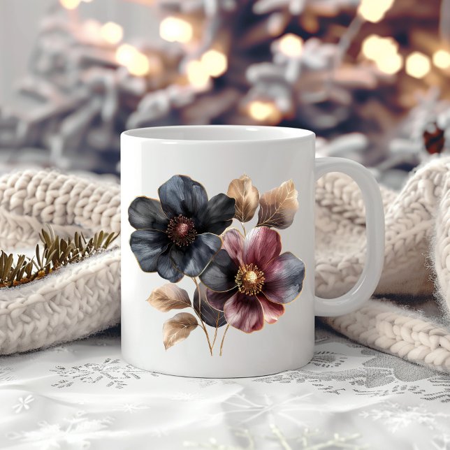 Elegant vattenfärgsblommor av svart burgundi guld kaffemugg (Skapare uppladdad)