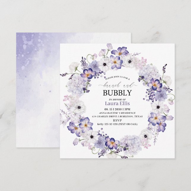 Elegant vattenfärgsblommor brunch och bubb inbjudningar (Fram/baksida)