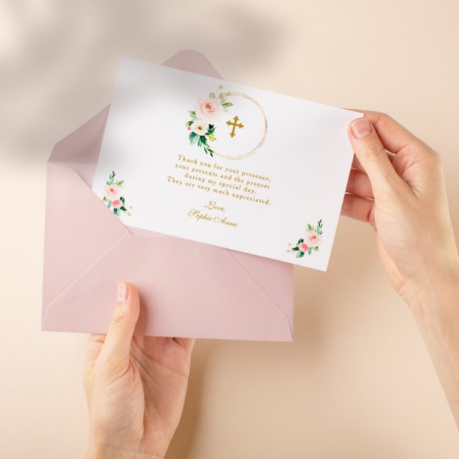 Elegant  vattenfärgsblommor Guld Baptism Tack Kort (Skapare uppladdad)