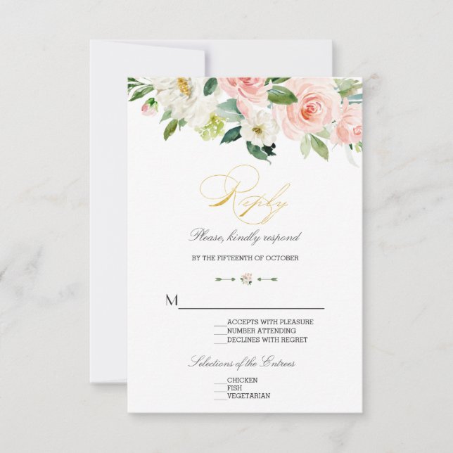 Elegant  vattenfärgsblommor Guld Bröllop OSA Kort (Framsida)