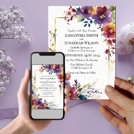 Elegant Vattenfärgsblommor Guld Ram Bröllop Inbjudningar