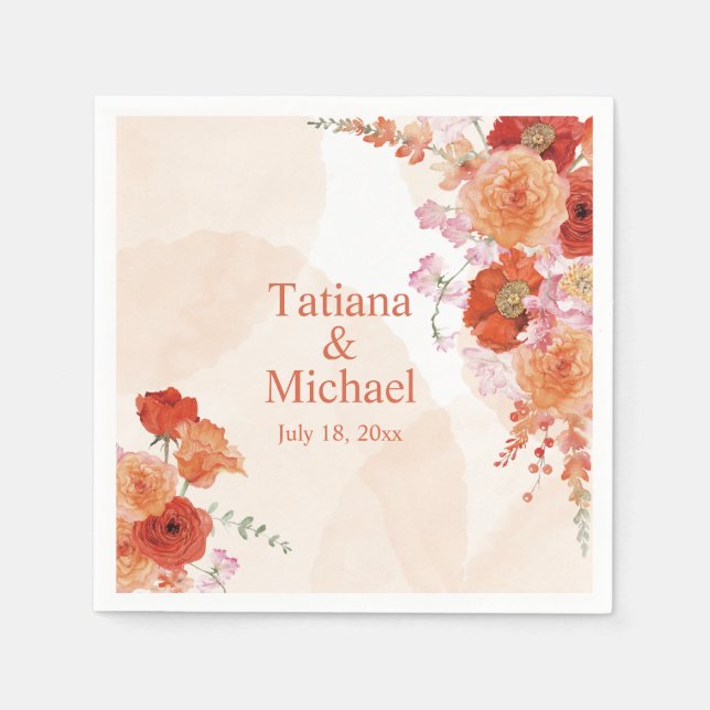 elegant vattenfärgsblommor orange snyggt bröllop pappersservett (Framsidan)
