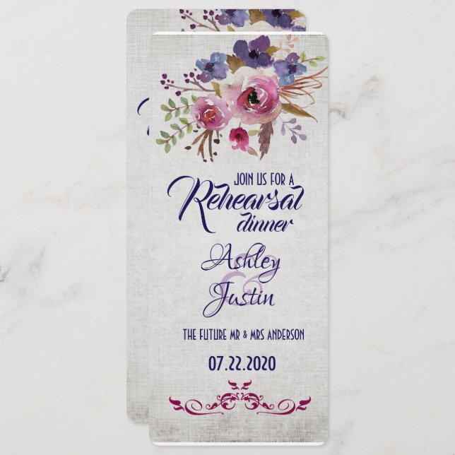 Elegant Vattenfärgsblommor Rehearsal Dinner Cards Inbjudningar (Fram/baksida)