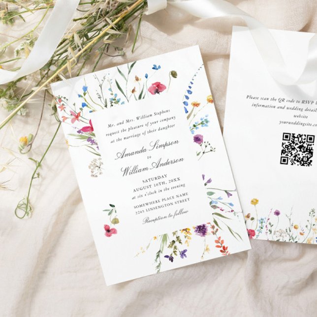 Elegant Vattenfärgsblommor Vild Bröllop QR-kod Inbjudningar (Skapare uppladdad)