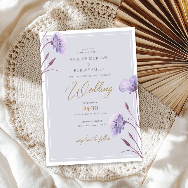 Elegant vattenfärgsboho lila och guld blommigt boh inbjudningar (Elegant watercolor purple and gold floral boho invitation)