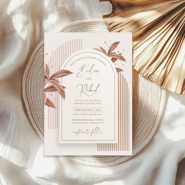 Elegant vattenfärgsbrun löv boho arch guld inbjudningar (Elegant watercolor brown leaves boho arch gold invitation)