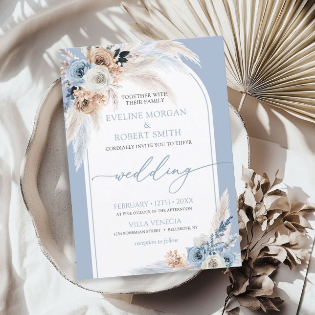 Elegant vattenfärgsdamm (blå pampasbåge i ro) inbjudningar (Elegant watercolor dusty blue roses pampas arch invitation)