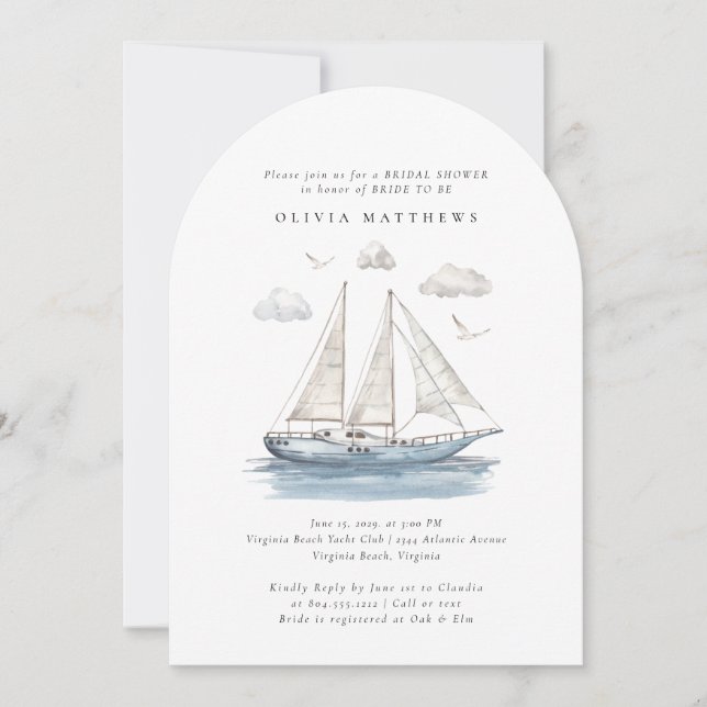 Elegant Vattenfärgsegling Yacht-Möhippa Inbjudningar (Framsida)