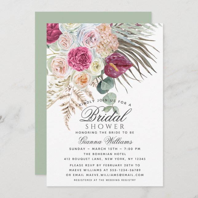 Elegant Vattenfärgsfärg Boho-Blommigt, Möhippa Inbjudningar (Fram/baksida)