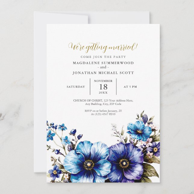 Elegant Vattenfärgsfärg Lila Blue Blommigt Bröllop Inbjudningar (Framsida)