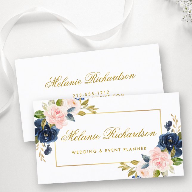Elegant Vattenfärgsfärg Rosa  blå Blommigt Guld Visitkort (Customize to change text size, color or text style.)